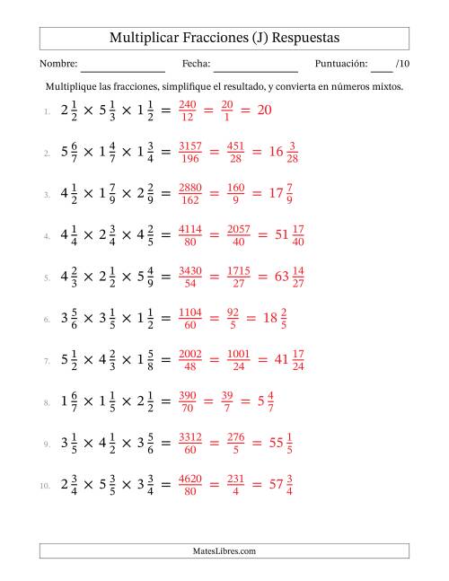 La hoja de ejercicios de Multiplicar Tres Fracciones Mixtas (J) Página 2