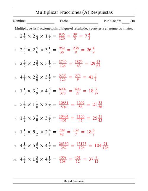 La hoja de ejercicios de Multiplicar Tres Fracciones Mixtas (Todas) Página 2
