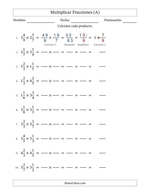 La hoja de ejercicios de Multiplicar Two fracciones mixtas y con simplificación en todas (Rellenable) (Todas)