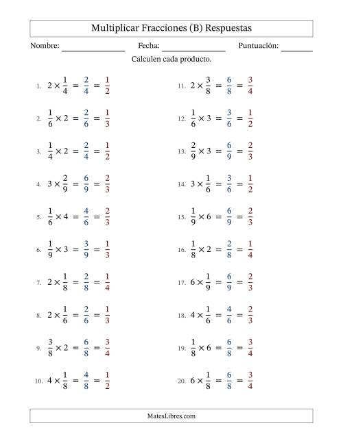 La hoja de ejercicios de Multiplicar fracciones propias con números enteros y con simplificación en todas (Rellenable) (B) Página 2