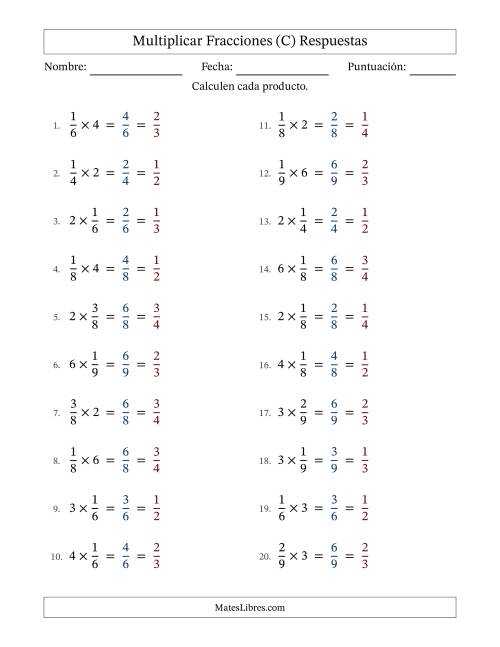 La hoja de ejercicios de Multiplicar fracciones propias con números enteros y con simplificación en todas (Rellenable) (C) Página 2