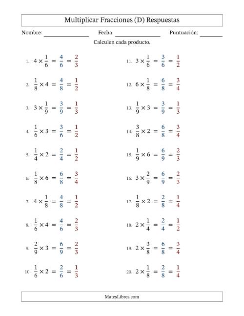 La hoja de ejercicios de Multiplicar fracciones propias con números enteros y con simplificación en todas (Rellenable) (D) Página 2