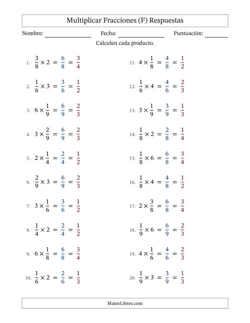 La hoja de ejercicios de Multiplicar fracciones propias con números enteros y con simplificación en todas (Rellenable) (F) Página 2