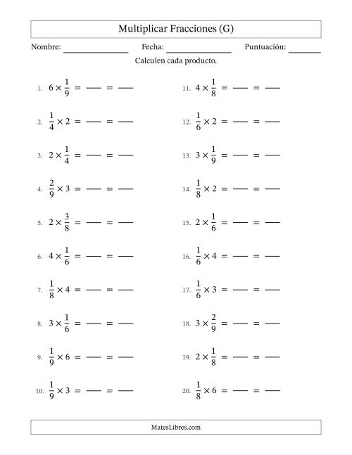La hoja de ejercicios de Multiplicar fracciones propias con números enteros y con simplificación en todas (Rellenable) (G)
