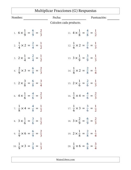 La hoja de ejercicios de Multiplicar fracciones propias con números enteros y con simplificación en todas (Rellenable) (G) Página 2