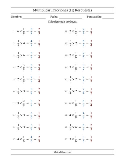 La hoja de ejercicios de Multiplicar fracciones propias con números enteros y con simplificación en todas (Rellenable) (H) Página 2