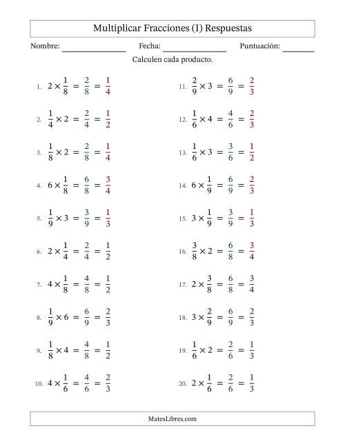 La hoja de ejercicios de Multiplicar fracciones propias con números enteros y con simplificación en todas (Rellenable) (I) Página 2