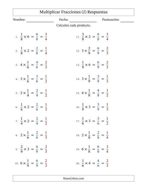 La hoja de ejercicios de Multiplicar fracciones propias con números enteros y con simplificación en todas (Rellenable) (J) Página 2