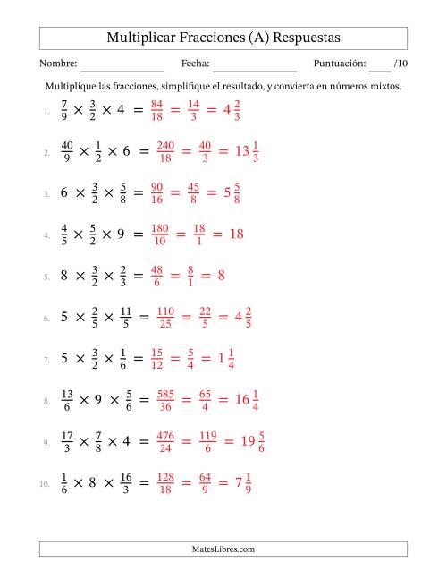 La hoja de ejercicios de Multiplicar Fracciones Propias, Impropias, y Números Enteros (A) Página 2