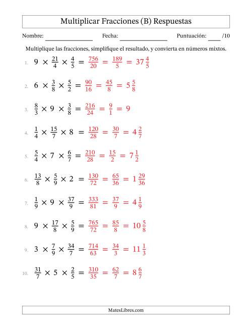La hoja de ejercicios de Multiplicar Fracciones Propias, Impropias, y Números Enteros (B) Página 2