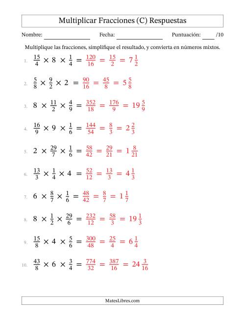 La hoja de ejercicios de Multiplicar Fracciones Propias, Impropias, y Números Enteros (C) Página 2
