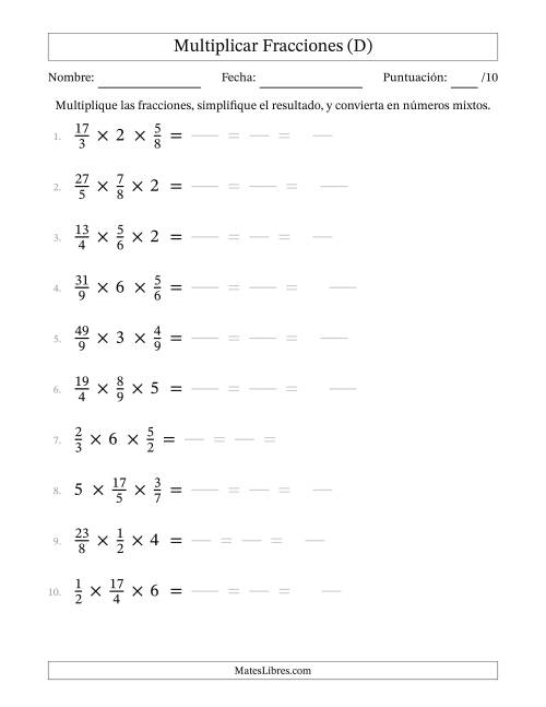 La hoja de ejercicios de Multiplicar Fracciones Propias, Impropias, y Números Enteros (D)