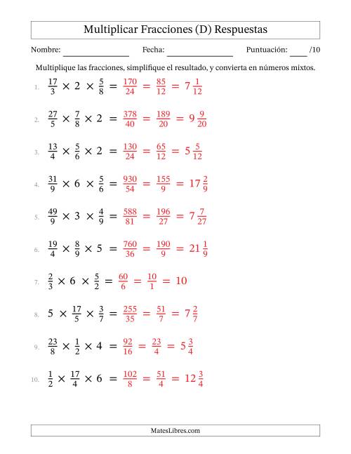 La hoja de ejercicios de Multiplicar Fracciones Propias, Impropias, y Números Enteros (D) Página 2