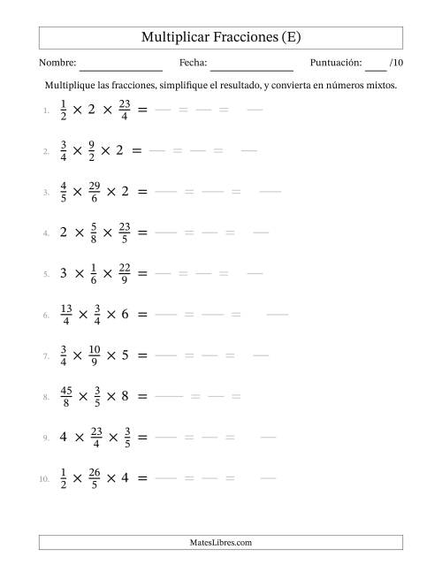 La hoja de ejercicios de Multiplicar Fracciones Propias, Impropias, y Números Enteros (E)