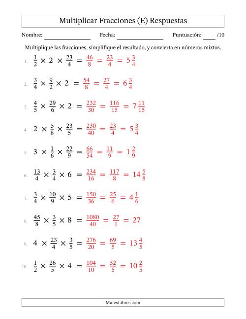 La hoja de ejercicios de Multiplicar Fracciones Propias, Impropias, y Números Enteros (E) Página 2