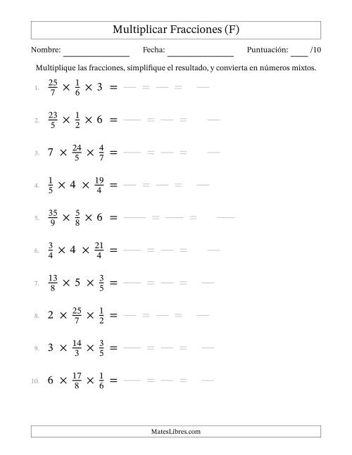 La hoja de ejercicios de Multiplicar Fracciones Propias, Impropias, y Números Enteros (F)