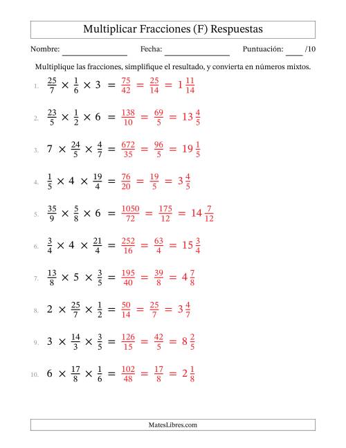 La hoja de ejercicios de Multiplicar Fracciones Propias, Impropias, y Números Enteros (F) Página 2