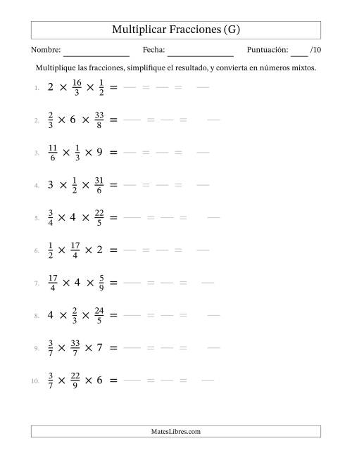 La hoja de ejercicios de Multiplicar Fracciones Propias, Impropias, y Números Enteros (G)