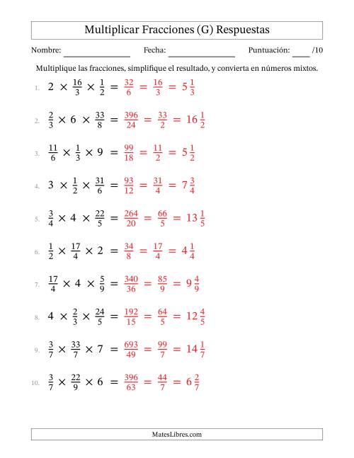La hoja de ejercicios de Multiplicar Fracciones Propias, Impropias, y Números Enteros (G) Página 2