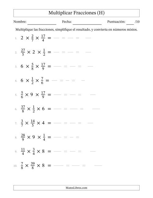 La hoja de ejercicios de Multiplicar Fracciones Propias, Impropias, y Números Enteros (H)