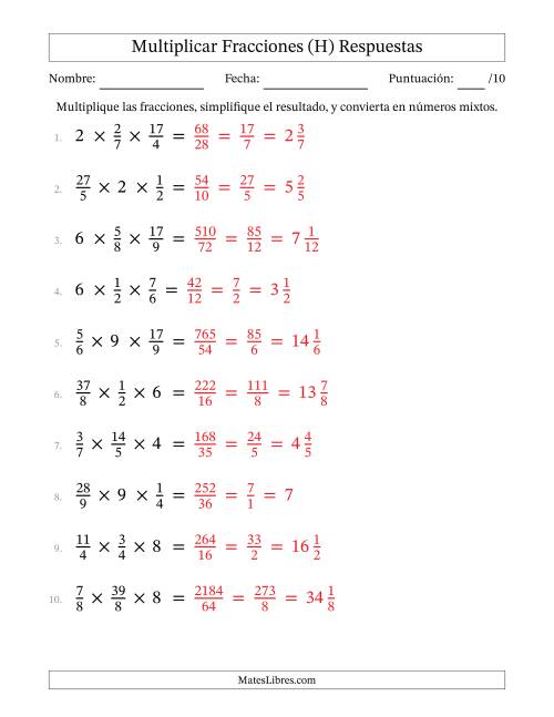 La hoja de ejercicios de Multiplicar Fracciones Propias, Impropias, y Números Enteros (H) Página 2