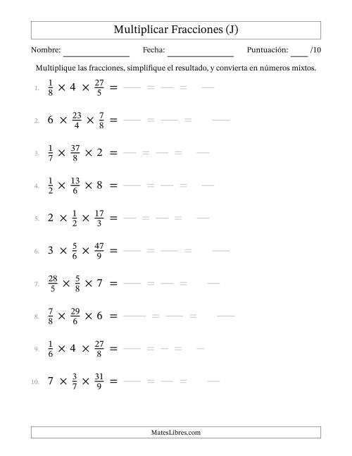 La hoja de ejercicios de Multiplicar Fracciones Propias, Impropias, y Números Enteros (J)