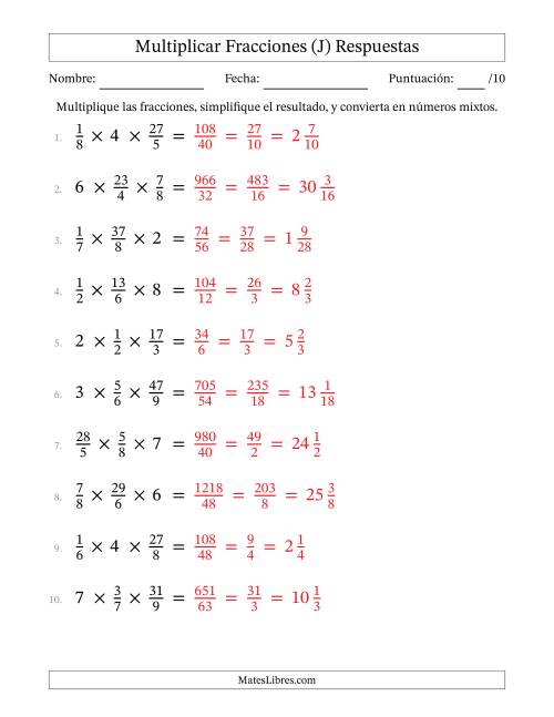 La hoja de ejercicios de Multiplicar Fracciones Propias, Impropias, y Números Enteros (J) Página 2