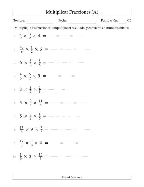 La hoja de ejercicios de Multiplicar Fracciones Propias, Impropias, y Números Enteros (Todas)