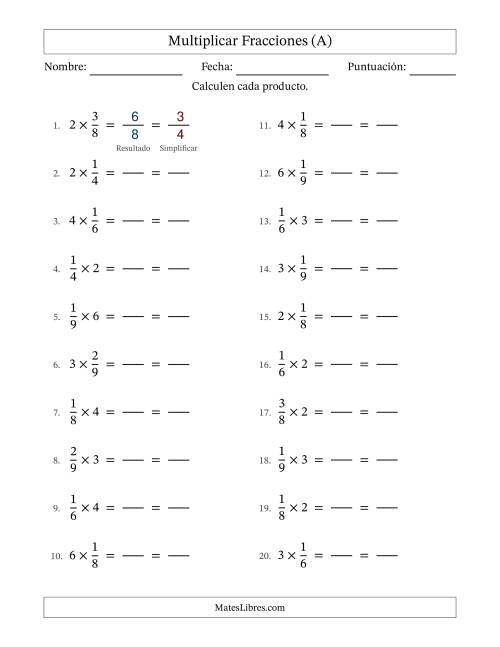 La hoja de ejercicios de Multiplicar fracciones propias con números enteros y con simplificación en todas (Rellenable) (Todas)