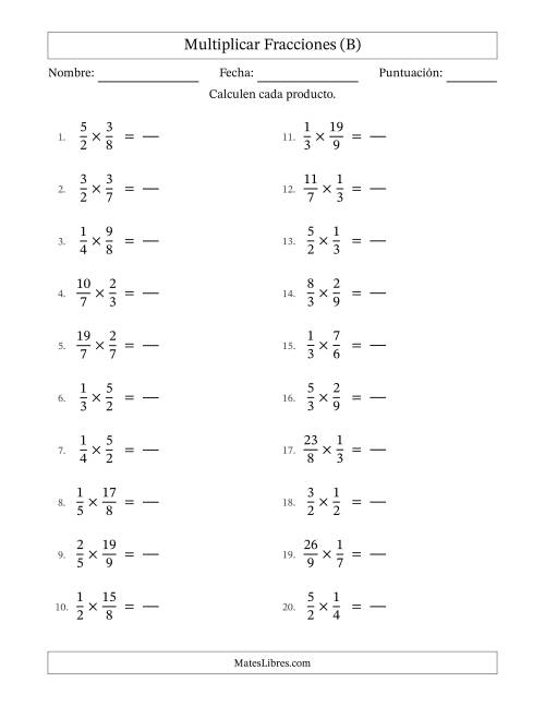 La hoja de ejercicios de Multiplicar fracciones propias e impropias y sin simplificación (Rellenable) (B)
