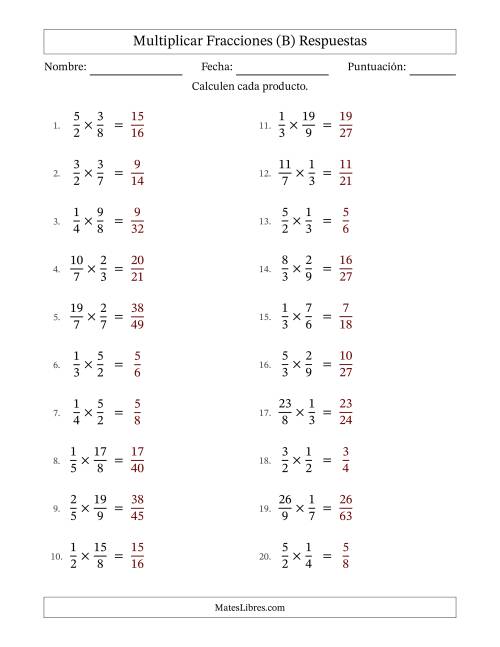 La hoja de ejercicios de Multiplicar fracciones propias e impropias y sin simplificación (Rellenable) (B) Página 2