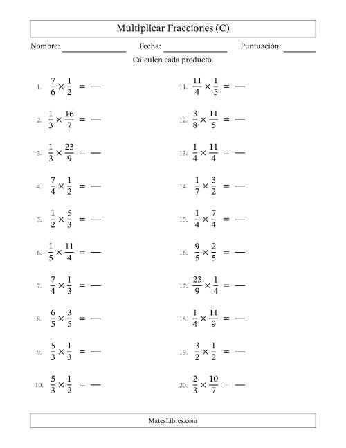 La hoja de ejercicios de Multiplicar fracciones propias e impropias y sin simplificación (Rellenable) (C)