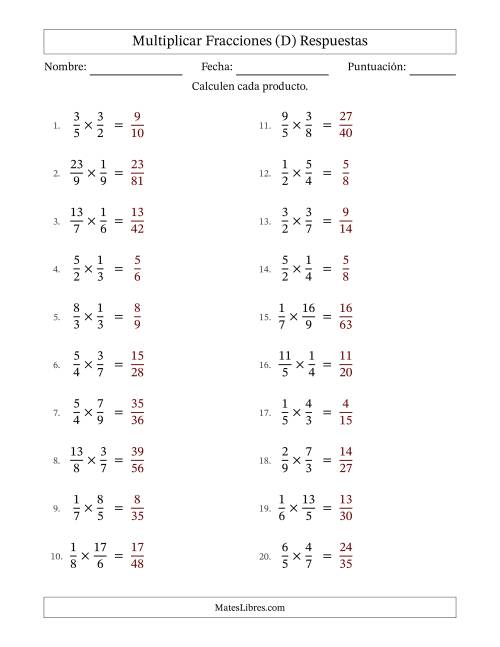 La hoja de ejercicios de Multiplicar fracciones propias e impropias y sin simplificación (Rellenable) (D) Página 2