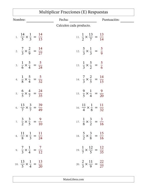 La hoja de ejercicios de Multiplicar fracciones propias e impropias y sin simplificación (Rellenable) (E) Página 2