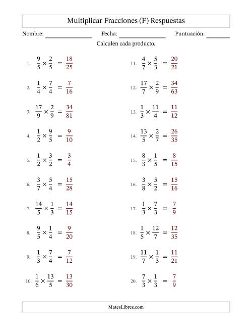 La hoja de ejercicios de Multiplicar fracciones propias e impropias y sin simplificación (Rellenable) (F) Página 2