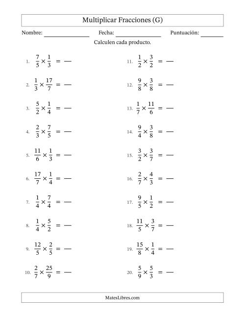 La hoja de ejercicios de Multiplicar fracciones propias e impropias y sin simplificación (Rellenable) (G)