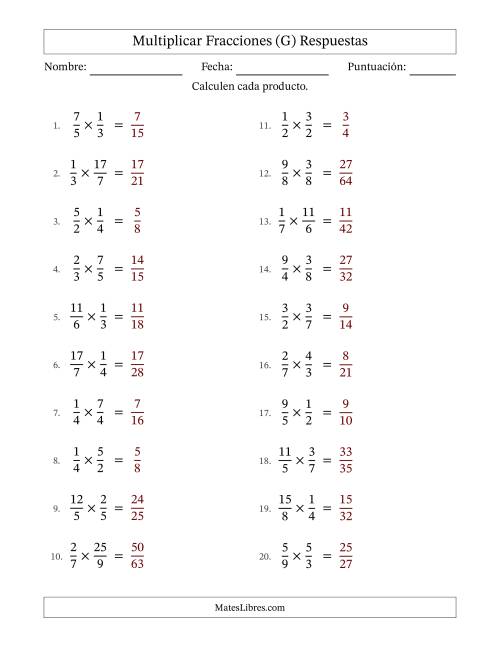 La hoja de ejercicios de Multiplicar fracciones propias e impropias y sin simplificación (Rellenable) (G) Página 2