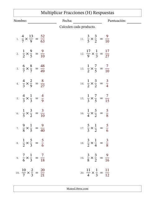 La hoja de ejercicios de Multiplicar fracciones propias e impropias y sin simplificación (Rellenable) (H) Página 2
