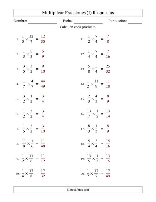 La hoja de ejercicios de Multiplicar fracciones propias e impropias y sin simplificación (Rellenable) (I) Página 2