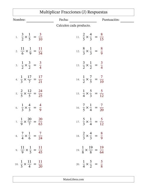 La hoja de ejercicios de Multiplicar fracciones propias e impropias y sin simplificación (Rellenable) (J) Página 2