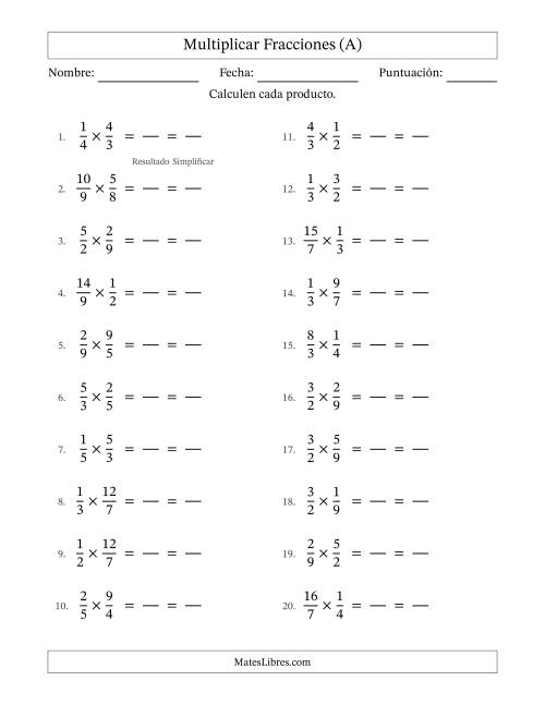 La hoja de ejercicios de Multiplicar Una Fracción Propia por Una Impropia (Simplificando todas las respuestas) (A)