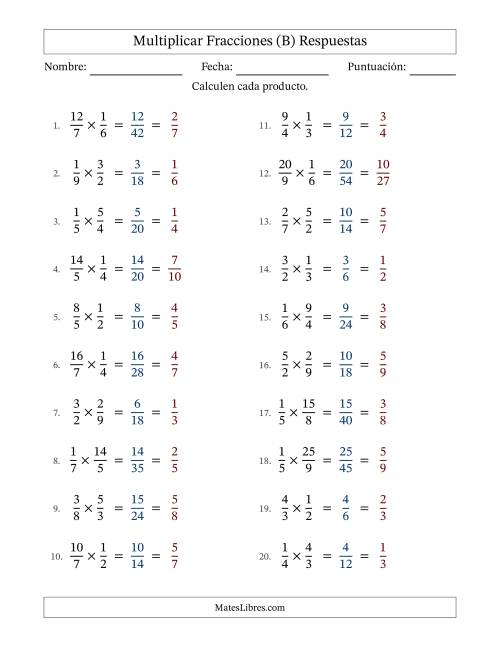 La hoja de ejercicios de Multiplicar fracciones propias e impropias y con simplificación en todas (Rellenable) (B) Página 2