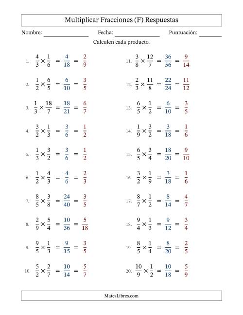 La hoja de ejercicios de Multiplicar fracciones propias e impropias y con simplificación en todas (Rellenable) (F) Página 2