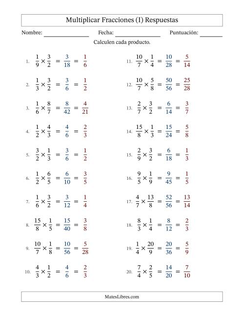 La hoja de ejercicios de Multiplicar fracciones propias e impropias y con simplificación en todas (Rellenable) (I) Página 2