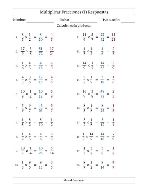 La hoja de ejercicios de Multiplicar fracciones propias e impropias y con simplificación en todas (Rellenable) (J) Página 2