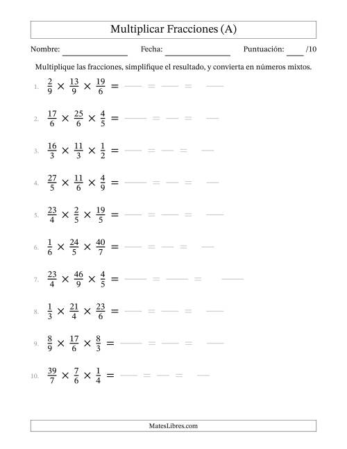 La hoja de ejercicios de Multiplicar Fracciones Propias e Impropias (Tres Factores) (A)