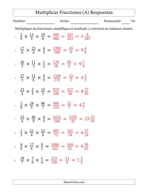 La hoja de ejercicios de Multiplicar Fracciones Propias e Impropias (Tres Factores) (A) Página 2
