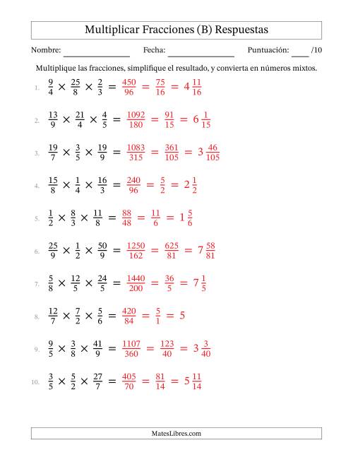 La hoja de ejercicios de Multiplicar Fracciones Propias e Impropias (Tres Factores) (B) Página 2