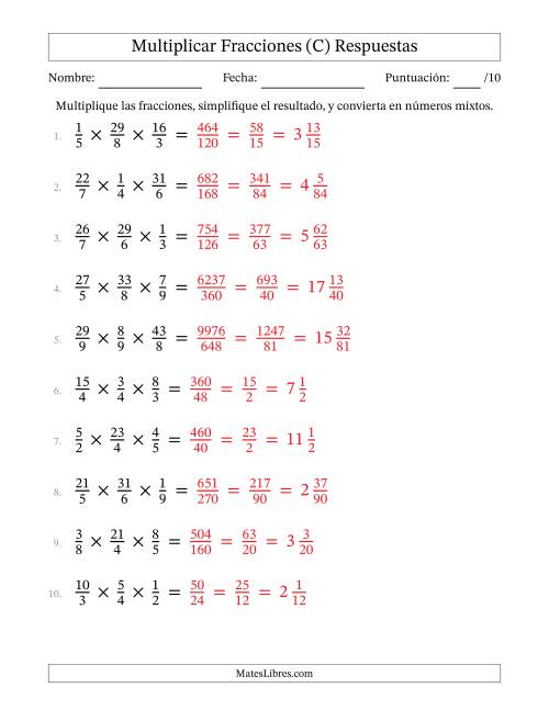 La hoja de ejercicios de Multiplicar Fracciones Propias e Impropias (Tres Factores) (C) Página 2
