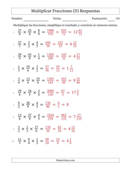 La hoja de ejercicios de Multiplicar Fracciones Propias e Impropias (Tres Factores) (D) Página 2